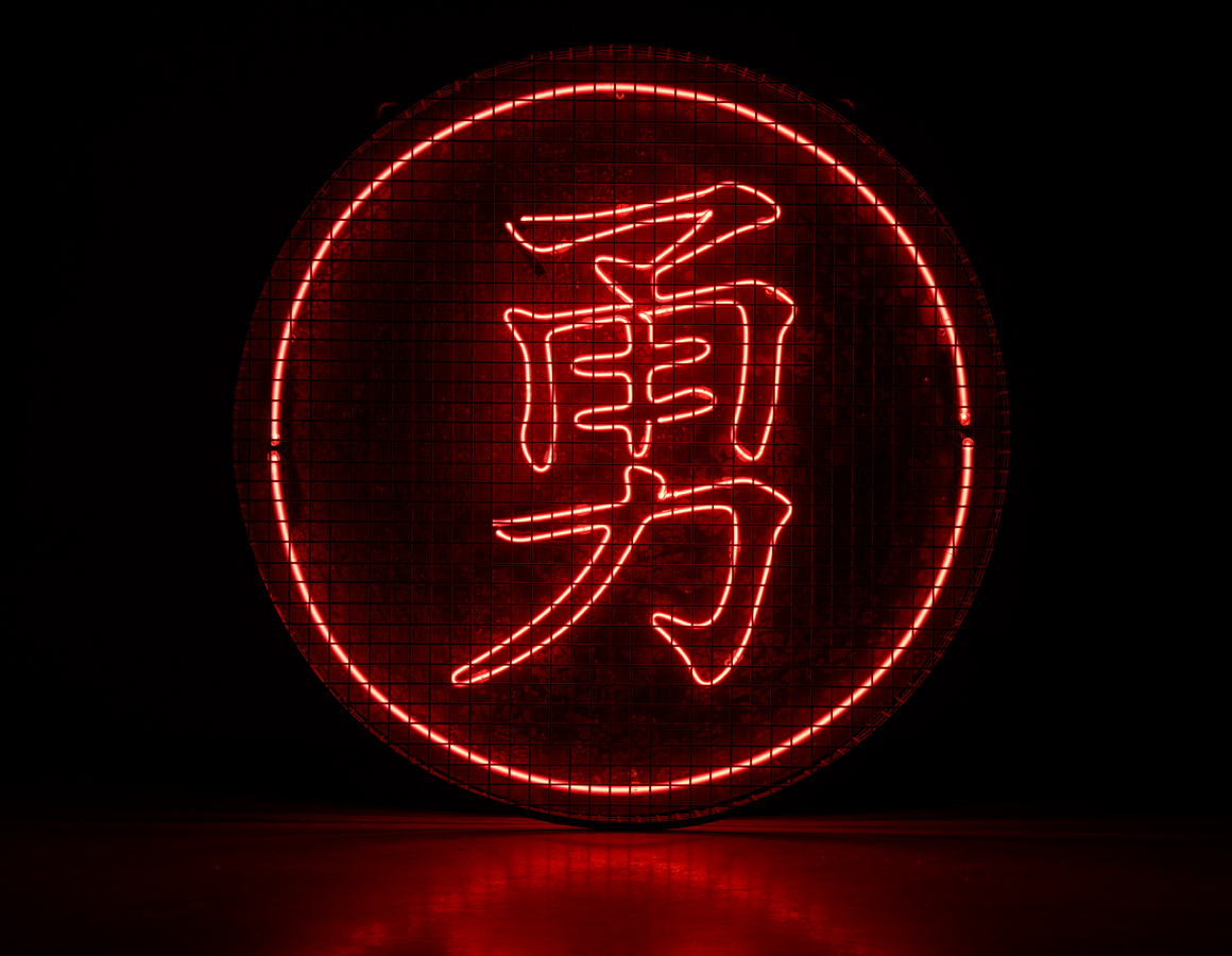 Neon Sign Of Chinese Hieroglyph Means Harmony In Circle Frame With